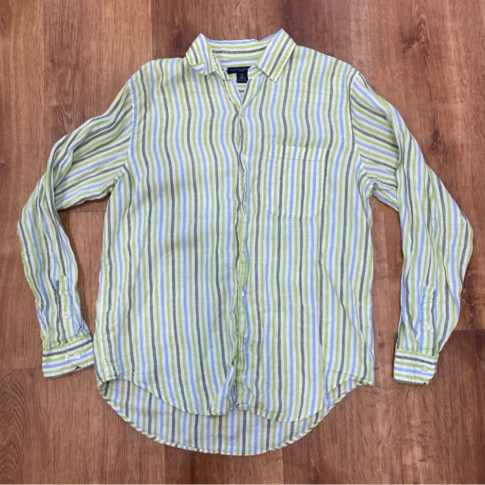 Banana Republic Green and White Striped Men's Linen Shirt Size Medium